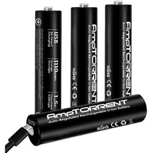 amptorrent USB Rechargeable AAA Lithium Batteries, 1 Hour Charge Time, Recharge Over 1000 Times, 600 mAh, 4-in-1 USB-A to USB-C Charging Cable, 4 Pack