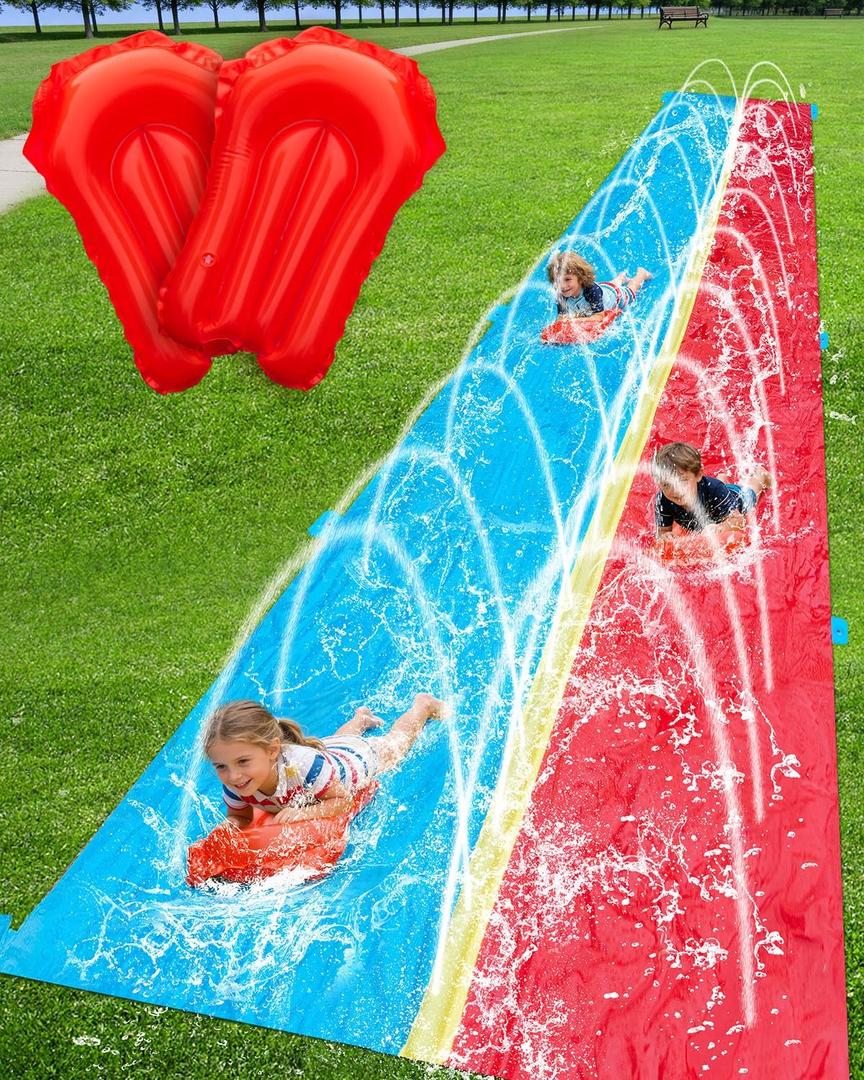 Spring Water 30ft Slip and Water Slide for Kids Backyard, Extra Long 2 Lanes Slip n Water Slide with Sprinkler, Gaint Water Slides with 2 Inflatable Bodyboards Outdoor Fun Summer Water Toys