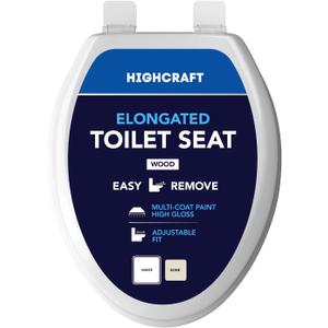 HIGHCRAFT Premium Elongated Toilet Seat with Adjustable Hinges & Quick Removal Mechanism - Molded Wood Toilet Seat - Fits Standard Elongated Toilets - Oval Seat in White