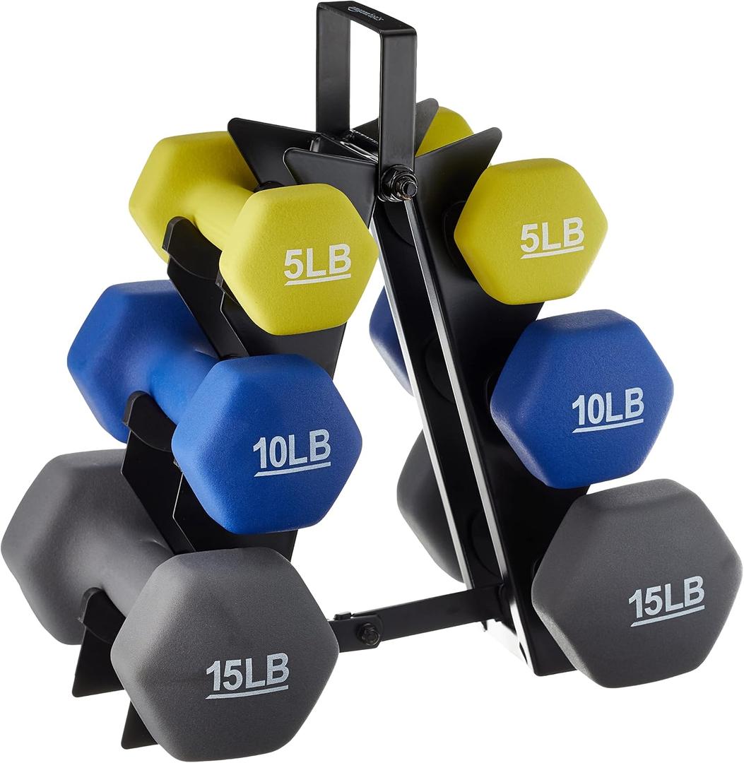 Amazon Basics Neoprene Dumbbell Hand Weights for Exercise and Muscle Toning, Style: Rack with 3 Pairs (5, 10, and 15 Pound)