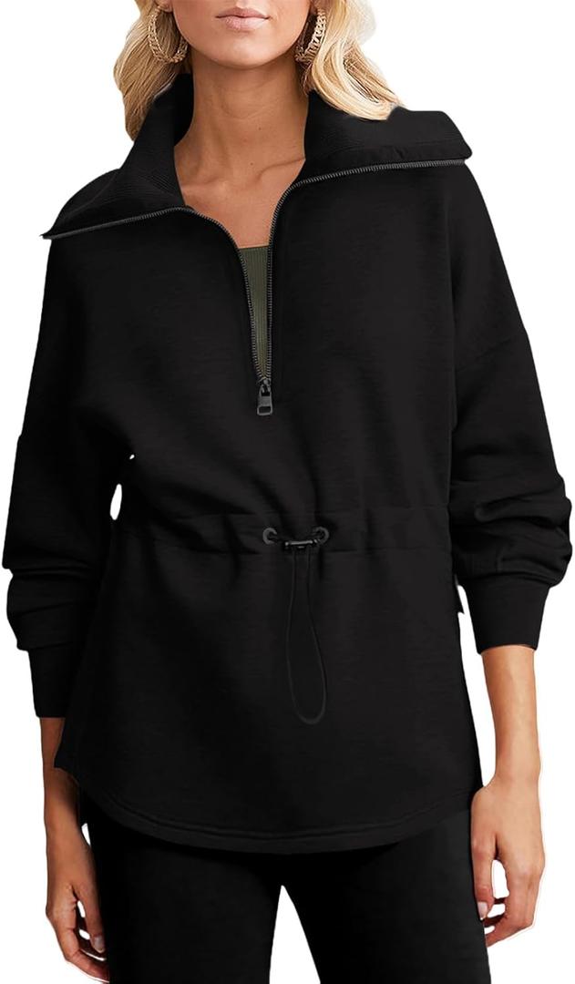 Dokotoo Womens Oversized Sweatshirts Half Zip Drawstring Waist Long Sleeve Side Slits Casual Pullover Sweatshirt Tops (XX-Large, Black)