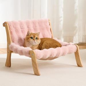 Kicari Solid Wood Cat Couch Bed for Indoor Cats, Modern Cat Sofa with Ultra-Soft Plush Surface Washable, Reclined Backrest, Elevated Elevated Cat Lounge Furniture for Small to Adult Pets, Sakura Pink