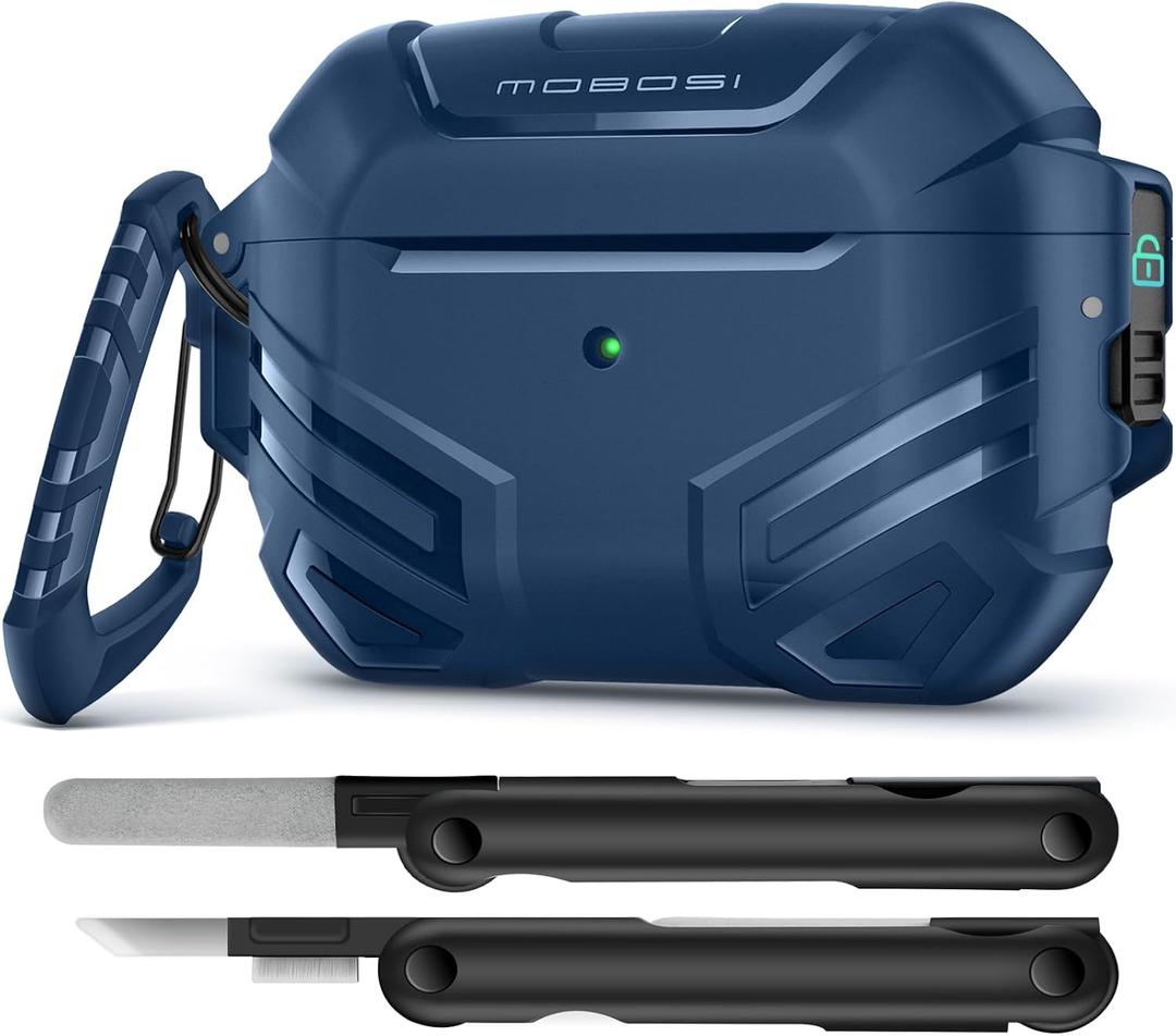 MOBOSI for AirPods Pro 2 Case Cover with Lock, Compatible with Airpod Pro Case 2nd/1st Gen with Cleaner Kit & Keychain, Military Grade Shockproof Protective Case for Men(2023/2022/2019), Blue