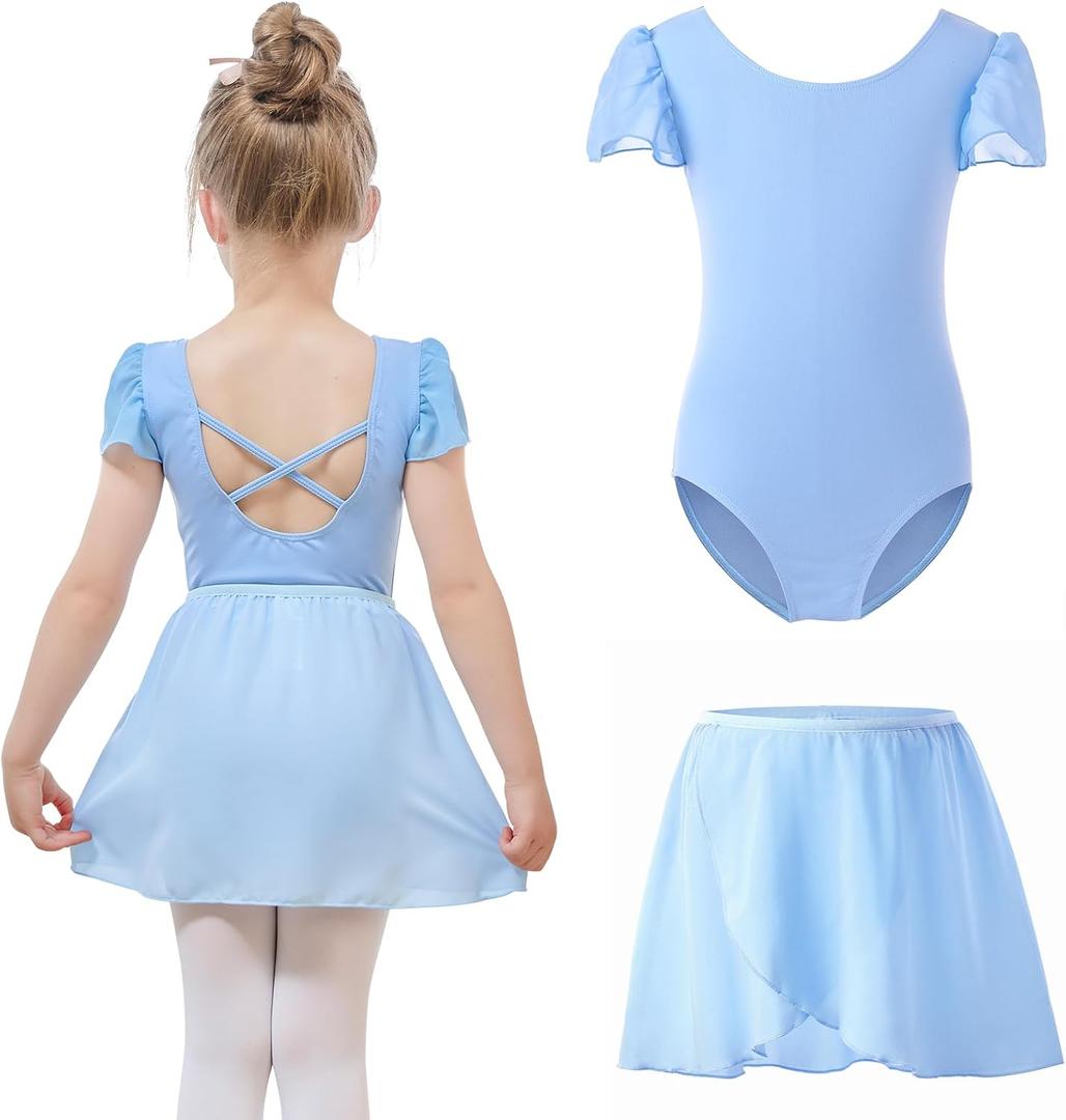 Bezioner Ballet Leotard for Girls with Removable Skirt Ballet Dress Puff Sleeve Dance Leotard Ballerina Outfit for Girls (8-10 Years, Blue)