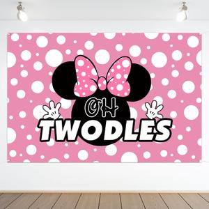 Oh Twodles Backdrop Banner Pink Cartoon Happy 2nd Birthday Theme Party Decorations Cheer to Two Years Old Photography Background Supplies for Girls