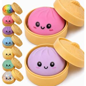 2PCS Dumpling Squishies Stress Balls,Colorful Squeeze Dough Ball Fidget Sensory Toys,Stretchy Hand Desk Toy with Food Steamer for Stress Relief Gift,Pink&Purple