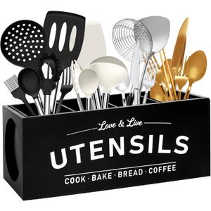 Extra Large Utensil Holder - 4 Compartments Kitchen Utnesil Organizer, Wooden Cooking Tool Crock for Kitchen Countertop, Counter Decor (Black-4)