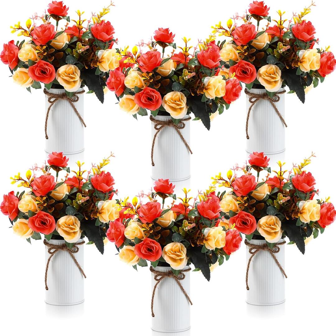 Domensi 6 Sets Wedding Centerpiece for Table Artificial Rose with Vase Fake Bouquets and Metal Pot Floral Arrangements for Holiday Party Event Table Decor (Orange)