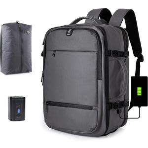 Vacuum Seal Backpack for Travel with Pump, 60L Expandable Backpack with Detachable Vacuum Compression Bag Waterproof Carry On Large Travel Bag for Airline Laptop Backpack with Shoe Compartment Gray