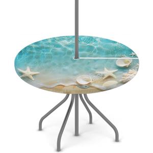 Round Outdoor Fitted Tablecloth with Umbrella Hole, Starfish Seashell Elastic Table Cloth Beach Ocean Waterproof Table Cover with Zipper for Patio Picnic, 36"-44"