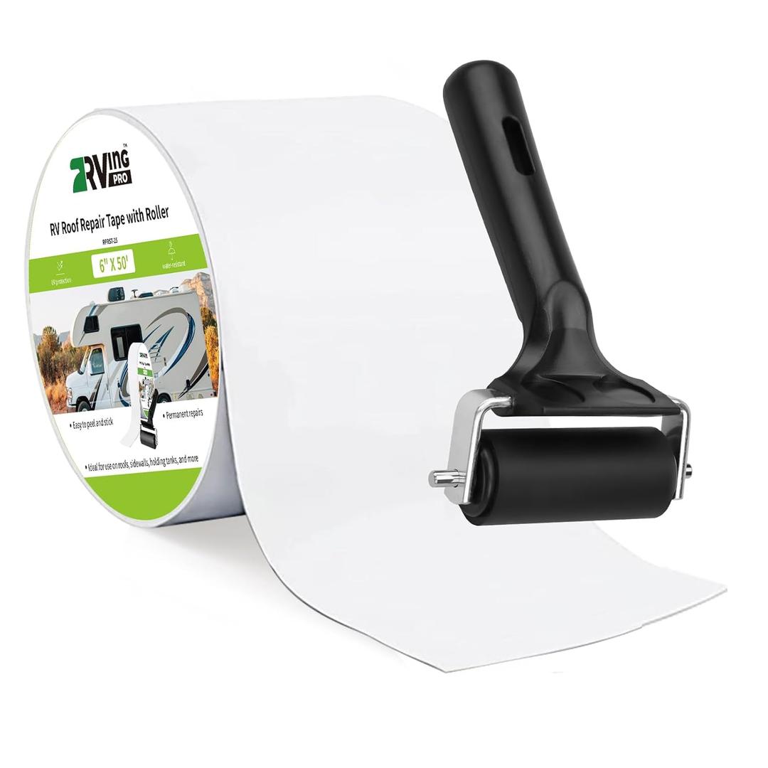 RV Roof Tape with Roller, 6 Inch x 50 Feet Waterproof & UV-Resistant RV Roof Sealant Tape for Camper, Trailer, Boat Sealing