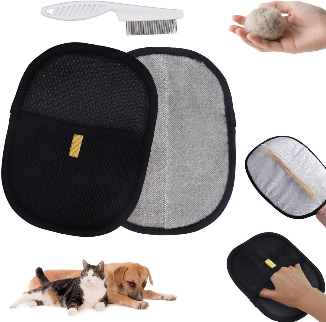 lasuroa 2pcs Static Removal Gloves for Pet, Pet Hair Removal Mitt with Brush Reusable Double Sided Electrostatic Cat Dog Hair Cleaning Grooming Glove for Couch, Carpet, Car Seat, Furniture