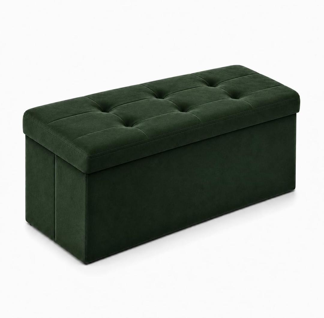 ALASDO 30 Inch Folding Storage Ottoman Bench with Hidden Storage, Velvet Storage Ottoman Foot Rest Stool, End of Bed Bench for Bedroom, Living Room, Entryway and Closet, Dark Green, 30"D x 15"W x 15"H
