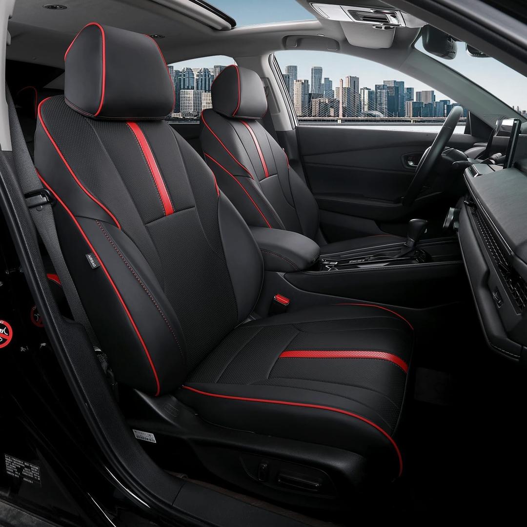 Custom Fit Seat Covers for Honda Accord 2023-2026, Fits 23-24 EX, 25-26 SE, 23-26 Sport Hybrid/EX-L Hybrid/Sport-L Hybrid/Touring Hybrid, PU Leather, Waterproof, Airbag Safe (Black+Red Line)
