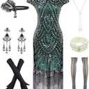 Letter Love Womens Vintage Lace Fringed Gatsby 1920s Cocktail Dress with 20s Accessories Set, XL