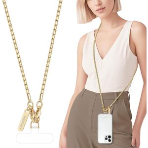 Metal Cell Phone chain Crossbody Phone lanyard with 2 Tether Tabs Detachable iPhone Chain Crossbody Strap,Non-rusting,Solid,iPhone Lanyard for Women Girls Travel Shopping Party Camping (Long, Bright Gold)