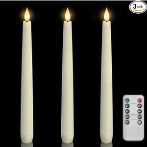 Homemory 3 Pcs Waxy Flameless Taper Candles with Remote, Flickering Battery Operated Taper Candles, Led Flameless Candlesticks Classic Tall Candle for Home, Wedding, Party, Ivory, 9.6 inches