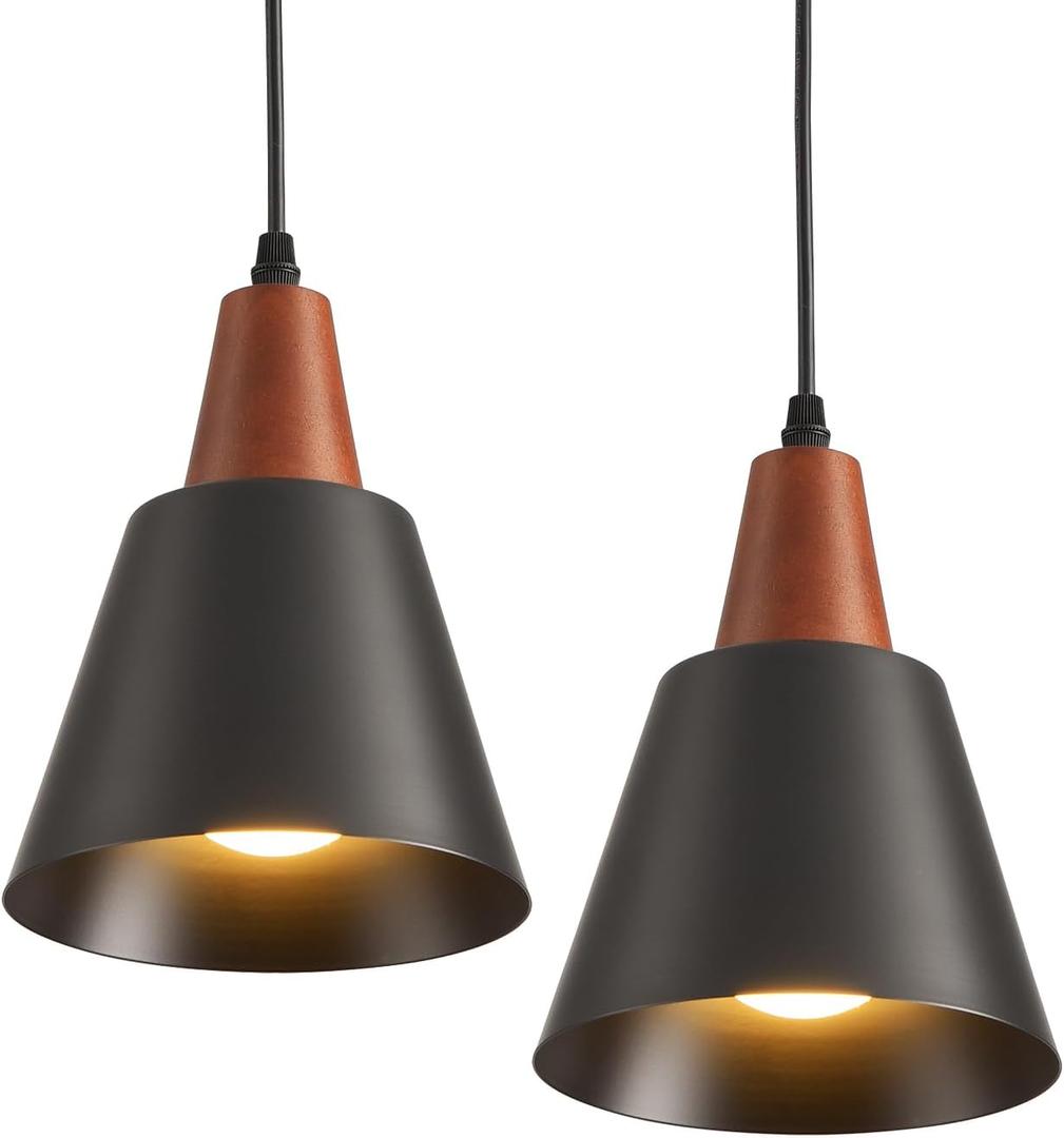 2 Pack Pendant Lights, Black Pendant Lights Kitchen Island,Wood Dome Minimalist Industrial Ceiling Hanging Lights for Kitchen Island, Barn, Dining Room, Living Roo m, Bedroom