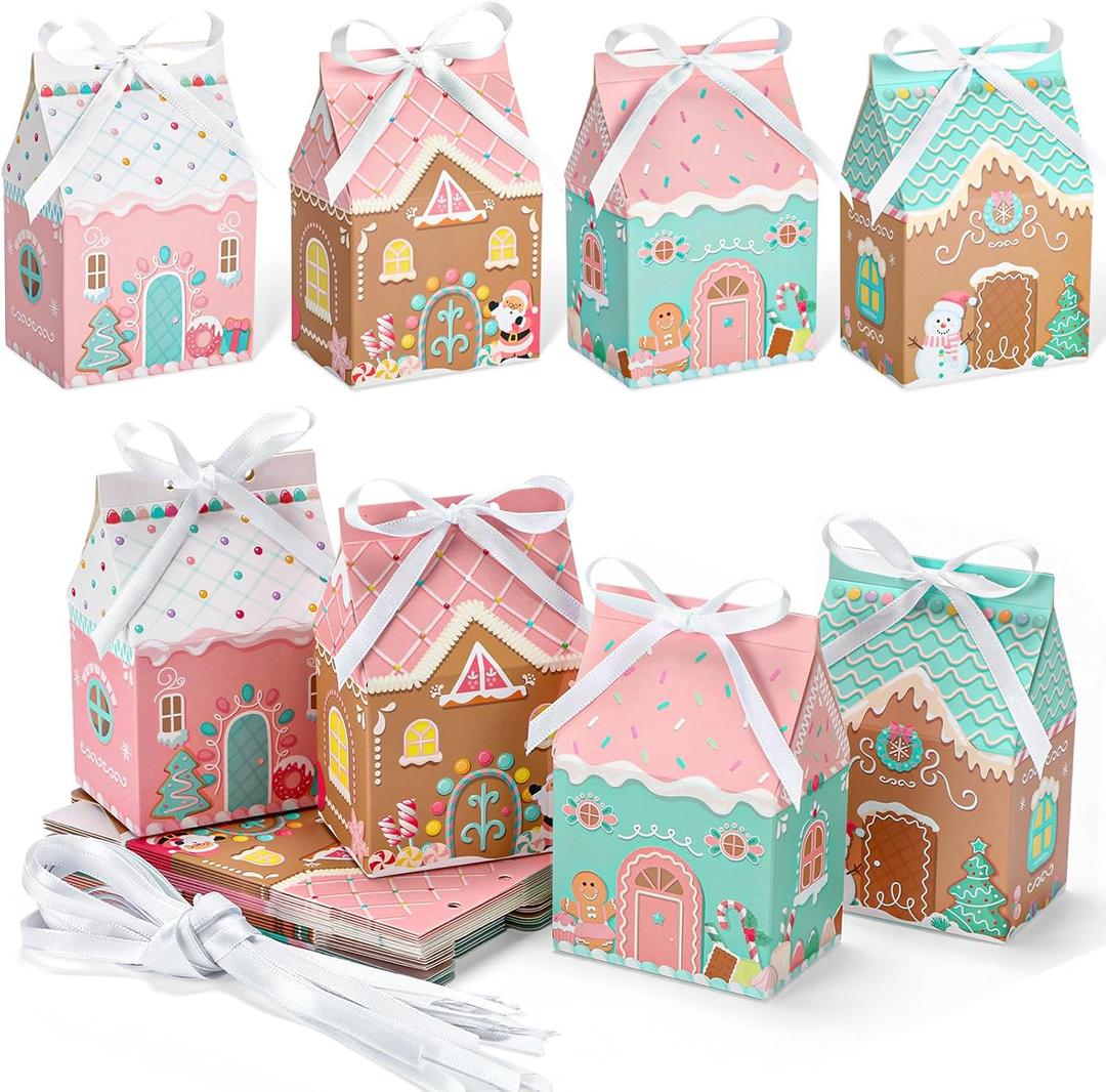 24 Pcs Small Pink Gingerbread House Gift Boxes with Ribbon Mini Christmas Gingerbread House Boxes for Mini Cookie Container Snacks Macaron Candy Dessert Wrapping Holiday Gifts Giving