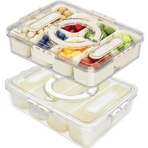 2 Pack Divided Serving Tray with lid and Handle, 8 & 4 Compartments Snackle Box with Utensils, Fridge Food Veggie Condiment Storage, Kitchen Clear Food Container for Picnic, Camping, School