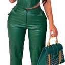 WOKANSE Women's Sexy Chic PU Faux Leather 2 Piece Outfits Tube Crop Tops and Casual Straight Leg Trousers Pants Set (Medium, Green)
