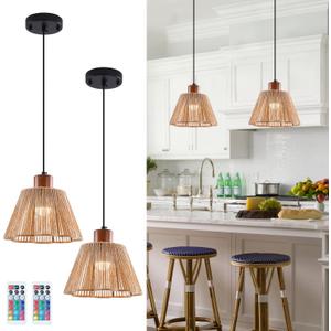 Dijiahua Boho Rattan Battery Operated Pendant Lights Kitchen Island 2 Pack with Remote Control,Wireless Rechargeable 12 RGB Color Temperatures Lamp with Woven Shade, Indoor Hanging Lighting (Brown+Wood)