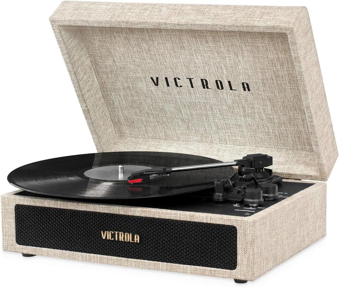 Victrola Parker Bluetooth Suitcase Record Player with 3-Speed Turntable, Light Beige (VSC-580BT-LBB), AC Motor