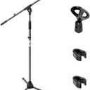 Pyle Foldable Tripod Microphone Stand - Universal Mic Mount and Height Adjustable from 37.5'' to 65.0'' Inch High w/ Extending Telescoping Boom Arm Up to 28.0'' - Knob Tension Lock Mechanism PMKS3