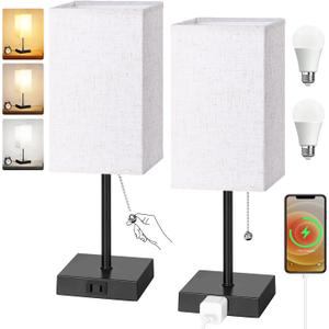 Table Lamp for Bedroom Set of 2, Bedside Lamps with 3 Color Temperatures Night Light, Lamp for Night Stands with AC Outlet and Square Shade, Pull Chain Small Desk Lamp for Living Room Home Decor (14 Inch)