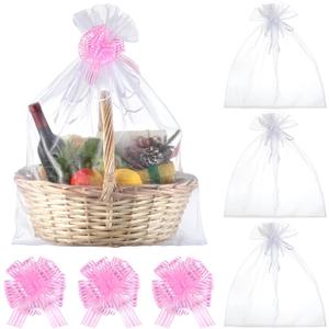 Zeyune 3 Sets Oversized White Organza Bags 24 x 30 Inch Extra Large Drawstring Organza Bags with Pull Bow Mesh Drawstring Gifts Pouches Gift Basket Wrapping Pouches for Mother's Day Wedding(Pink)