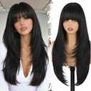 XIXIBI Black Wig with Bangs for Women,4x4 Realistic Scalp,Long Straight Face-Framing Layers Hairstyle Glueless Synthetic Wigs 26Inches for Daily Party Use