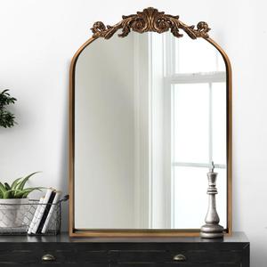 OUSHUAI Gold Traditional Vintage Ornate Baroque Mirror,Gold Brass Mirror for Wall,Victorian Antique Bronze Mirrors Arched for Bathroom/Living Room/Hallway/Fireplace 19"X27"