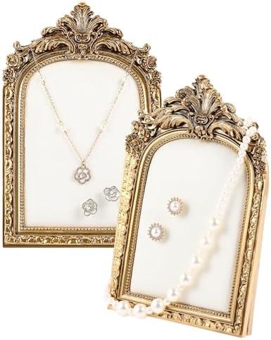 Wonderjune 2 Pcs Gold Jewelry Display Stand Vintage Necklace Organizer Ring Holder Earring Tray Resin Jewelry Photography Props Frame with Velvet Backing for Gifts(White,Small,Elegant)