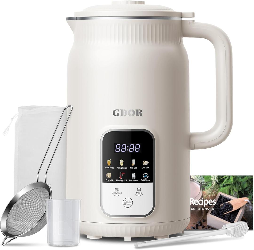 GDOR 35oz Nut Milk Maker, 9-in-1 Plant Milk Machine for Homemade Almond/Oat/Soy, Juice & Smoothie, Blender with 12 Stainless Steel Blades, Keep Warm, 12H Delay, Boil Water and Self-Cleaning