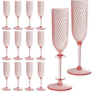 24 Pack Pink Detachable 2 piece Champagne Flutes 5.5 Oz Unbreakable Plastic Mimosa Disposable Champagne Glasses Drinking Cups Stemmed Reusable Wine Toasting Glasses for Wedding (24, Clear Pink)