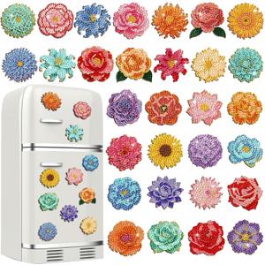Xuhal 30 Pcs Spring Flower Diamond Painting Magnets Diamond Art Magnet Kits for Adults Colorful Floral Refrigerator Magnetic Sticker 5D Rhinestone Fridge Stickers for DIY Crafts Spring Gifts