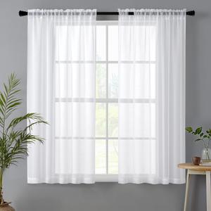 MIULEE White Linen Textured Sheer Curtains 63 Inches Long 2 Panels for Bedroom Living Room, Semi Transparent Farmhouse Window Net Panels with Rod Pocket, W 42 x L 63 inch Length