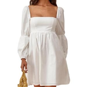 EXLURA Womens 2026 Square Neck Dress Long Puff Sleeve A-Line Casual Short Mini Dresses (White, M)