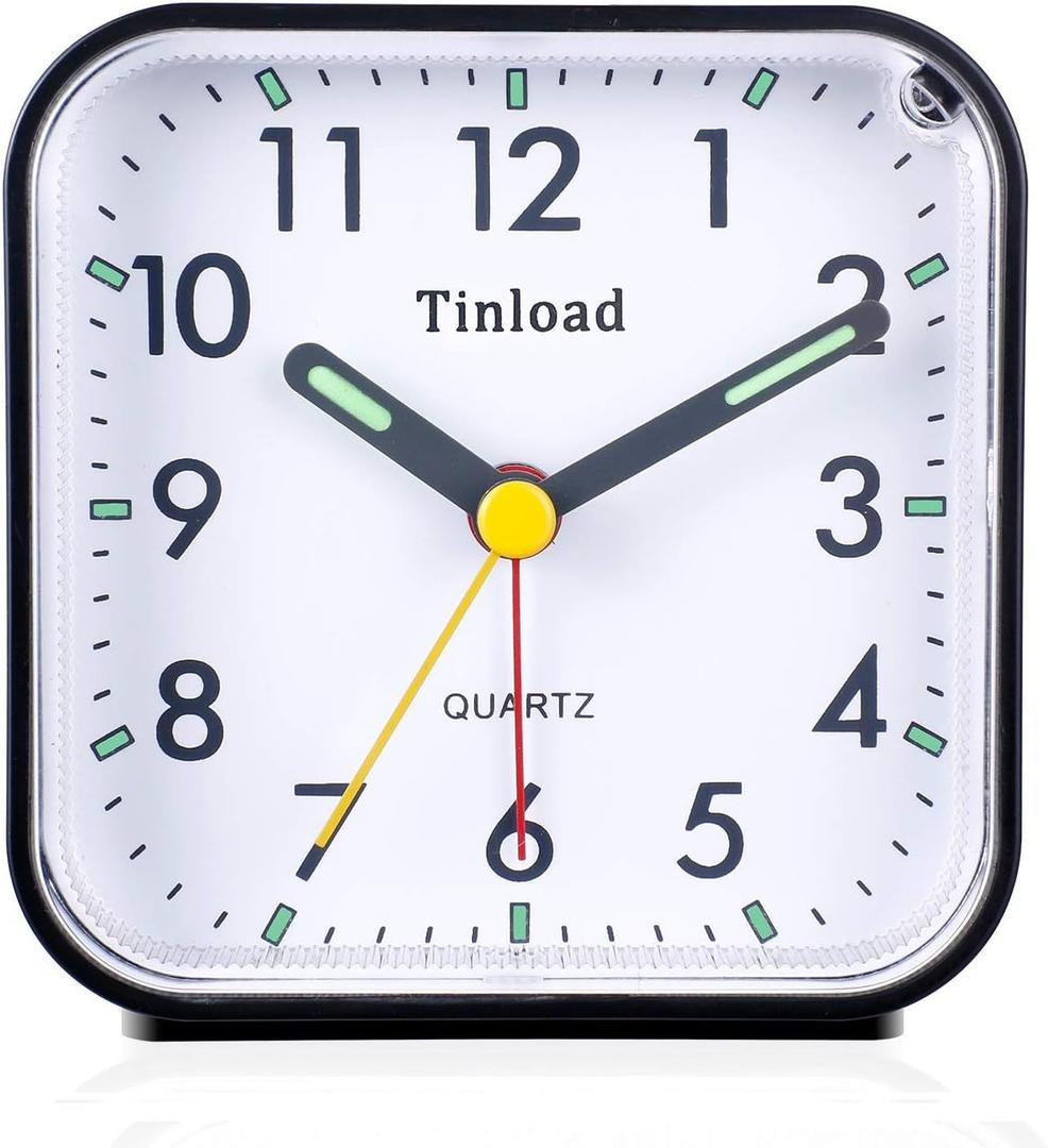 Small Battery Operated Analog Alarm Clock Silent Non Ticking, Ascending Beep Sounds, Snooze,Manual Light, Easy Set(Black)
