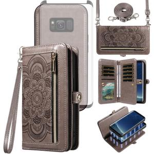 Asuwish Phone Case for Samsung Galaxy S8 Zipper Wallet Magnetic Detachable Cell Cover with Tempered Glass Screen Protector Crossbody Strap Mandala Flower Card Holder S 8 8S Edge SM-G950U Women Gray