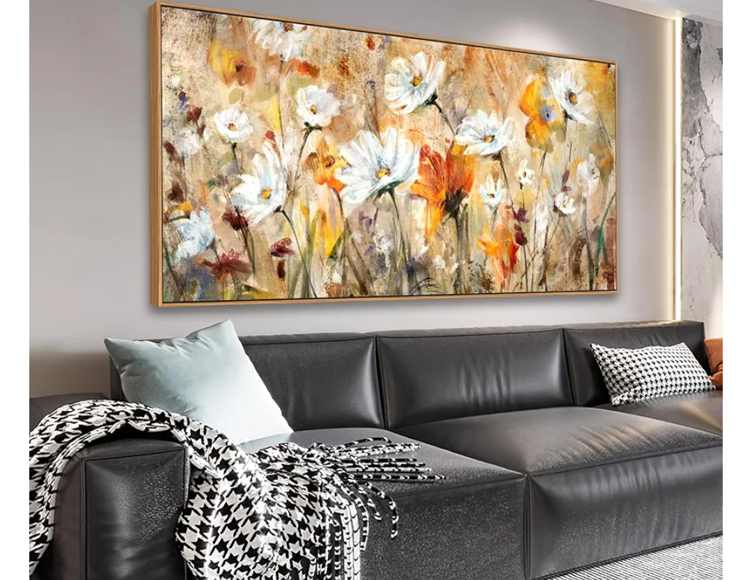 Framed Wall Art Wildflowers Canvas Wall Pictures Abstract Daisy Flowers Canvas Prints Orange Yellow Floral Landscape Painting Artwork for Living Room Bedroom Kitchen Home Office Decor 24"x 48"