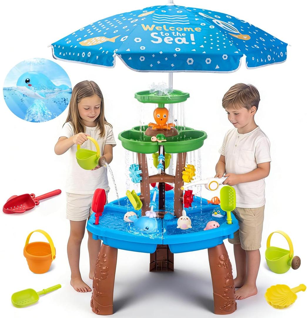 Water Table for Toddlers with Water Pump and Fishing Game Set 3-Tier Kids Sand Water Table with Umbrella Sensory Outdoor Toys for Kids Ages 4-8 Outside Toys Backyard for Kids Toddlers Age 3-10