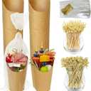 CAMKYDE 50 Sets Disposable Charcuterie Cups with Sticks and Bags, 12 oz Brown Kraft Paper Snack Appetizers Cup French Fry Holder with Cocktail Picks Toothpicks (50 Cups+50 Bags+200 Sticks)