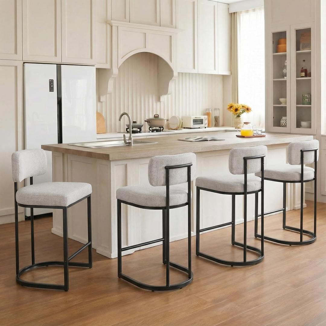 26" H Counter Height Bar Stools Set of 4, Modern Linen Fabric Upholstered Barstools with Backrest for Kitchen Island, Black Metal Frames, Wheat