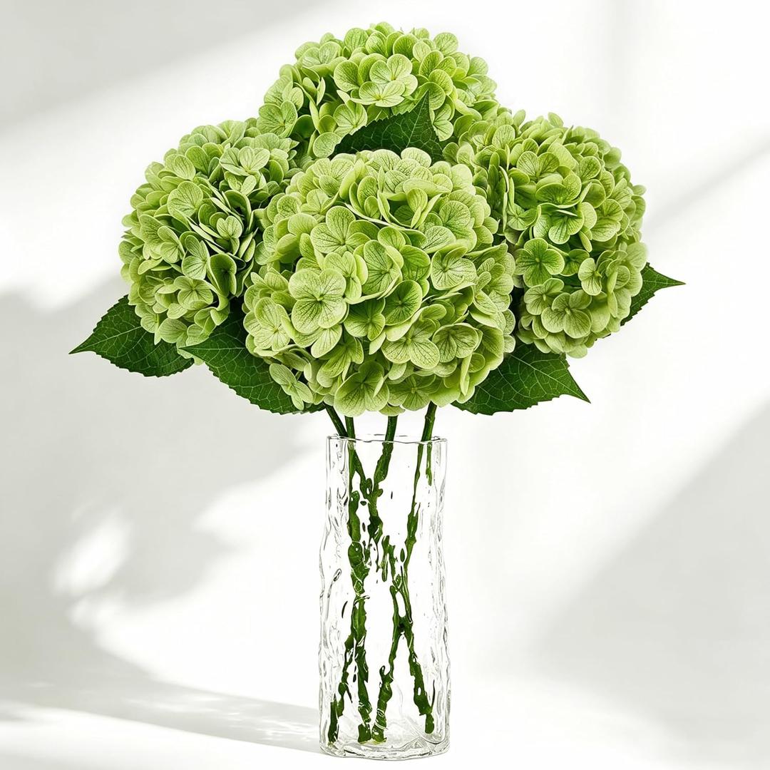 4 PCS Real Touch Hydrangea Artificial Flowers 20.5", Green Latex Faux Hydrangeas Large Fake Flowers with Stems Leaves for Family Table Wedding Bouquets Party Home Decor (4, Green, 20.5'')