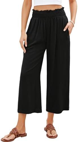 GRAPENT Capri Pants for Women High Waisted Wide Leg Linen Palazzo Trousers Pull On Elastic Smock Waist Loose Flowy Pants, L