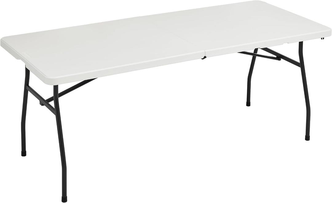 Amazon Basics Heavy Duty Portable Folding Table, 6 ft, Indoor & Outdoor, Fold-in-Half Design with Carrying Handle, White | Portable, Heavy Duty, Indoor & Outdoor, with Carrying Handle