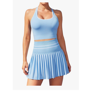 ATTRACO 2 Piece Tennis Dresses for Women High Waisted Pleated Skirt Sets Seamless Colorblock Golf Outfits size S
