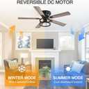 52 Inch Flush Mount Farmhouse Rustic Ceiling Fan with Light and Remote, Reversible AC Motor, 5 Dual Finish Blades, Industrial Low Profile Black Ceiling Fan light for Bedroom Living room Home