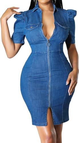Women's Bodycon Denim Dress Sexy V Neck Short Puff Sleeve Bodycon Slim Mini Dresses with Zipper Pockets for Club Party Night L